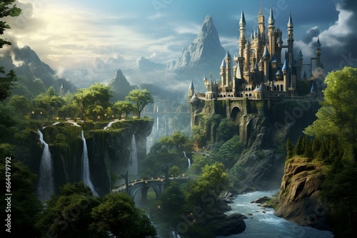 An enchanting castle on a cliff, framed by forests and a waterfall. Magic and adventure fill the air. Generative AI © Wilder