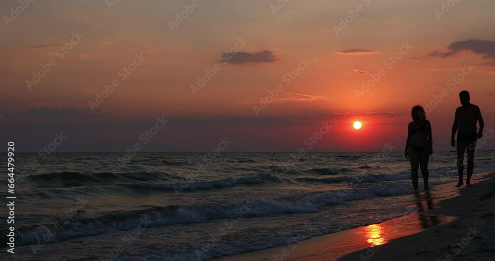 A man and a woman are walking along the seashore in front of a beautiful sunset.