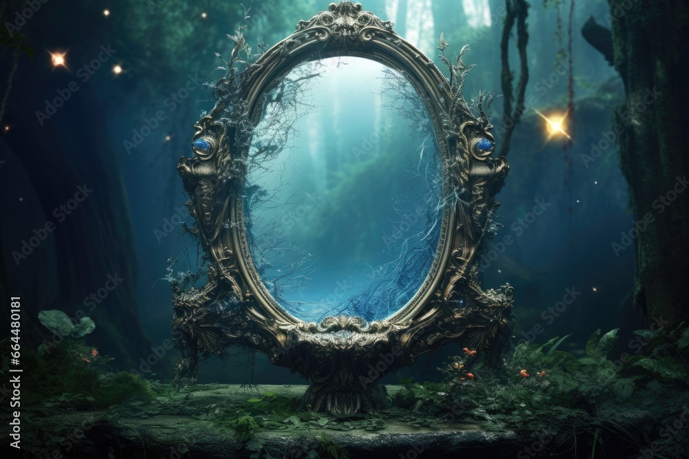 Enchanted mirror reflecting a magical realm, otherworldly vision. - obrazy, fototapety, plakaty 