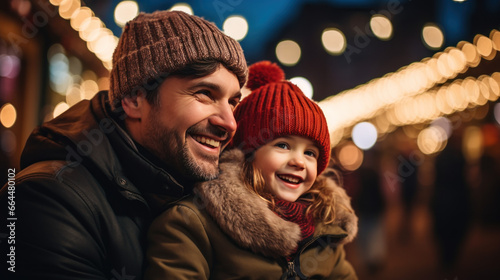 père et sa fille au marché de Noël avec boutiques décorées et luminaires