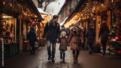 père et sa fille au marché de Noël avec boutiques décorées et luminaires photo