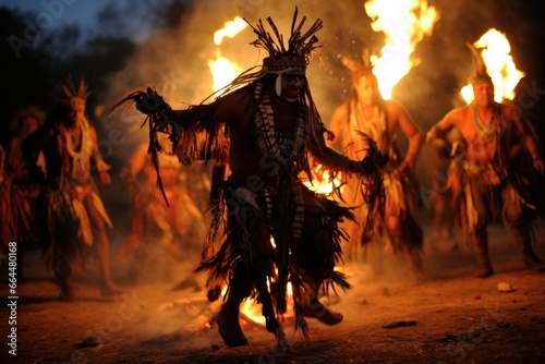 A tribal war dance performed around a roaring bonfire.