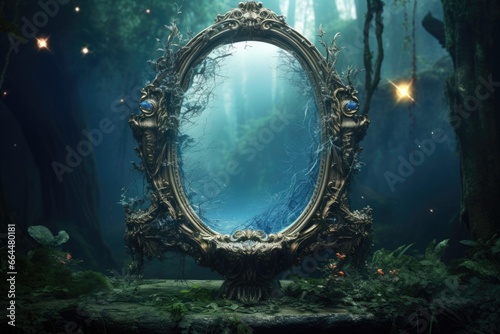 Enchanted mirror reflecting a magical realm, otherworldly vision. photo