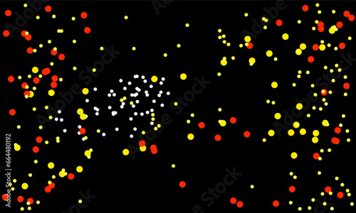 Red, yellow, and white dots pattern isolated on black. Abstract confetti background. 