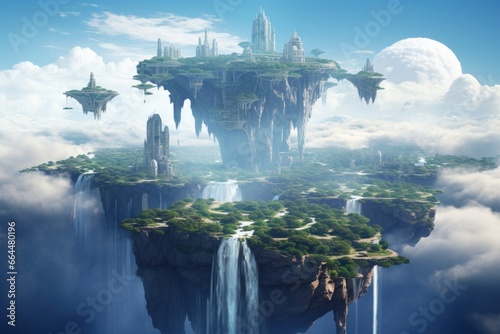 Floating islands with cascading waterfalls in the sky.