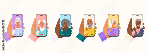 Video call to old grandparents, virtual conference set vector illustration. Cartoon isolated hands holding phone to talk to elderly grandfather and grandmother, woman and man on screen wave and say hi