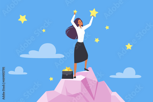 Success and victory, goal achievement and businesswoman career vector illustration. Cartoon woman entrepreneur standing high on mountain to collect stars from blue sky, reach work progress and growth