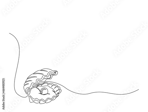 Continuous one line drawing of open pearl shell. Simple illustration of shell with pearl outline vector illustration