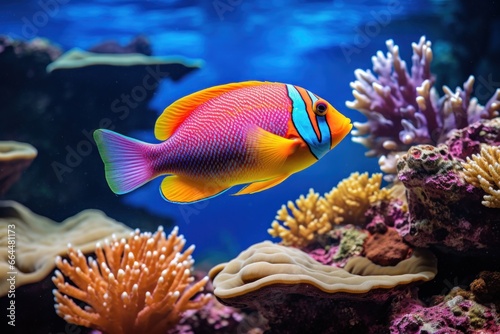 Brightly colored tropical fish swimming among coral reefs.