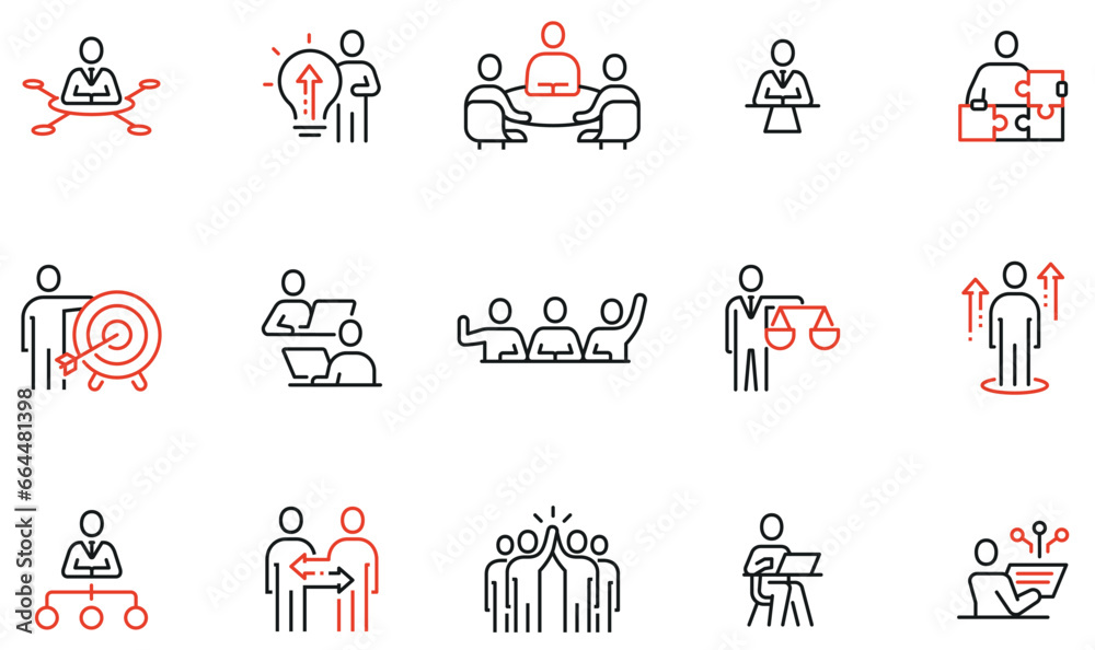 Vector set of linear icons related to human resource management, relationship, business leadership, teamwork, cooperation and personal development. Infographics design elements - part 3 - obrazy, fototapety, plakaty 