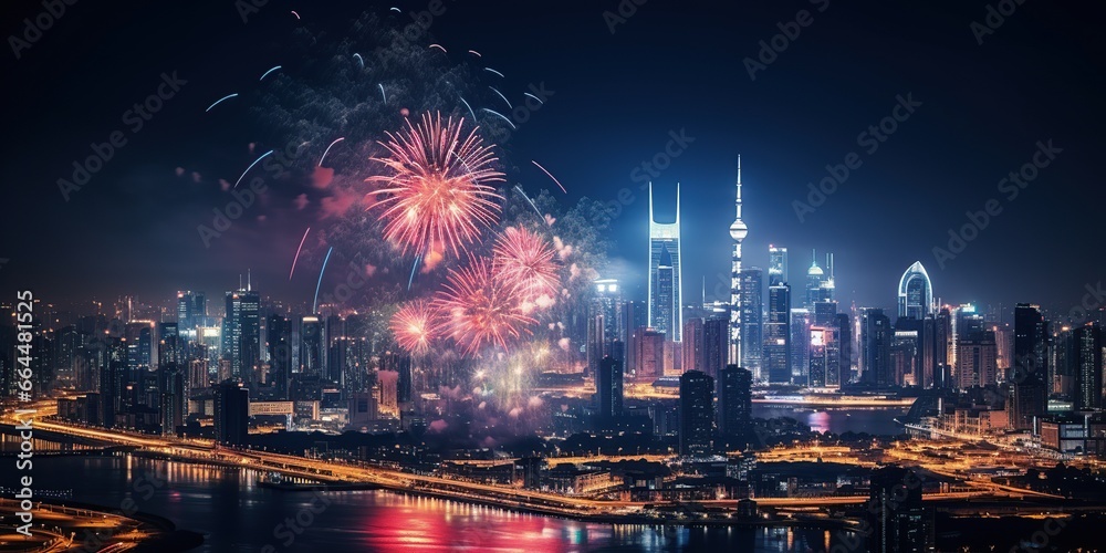 Happy New Year, city Fireworks background. AI Generated.