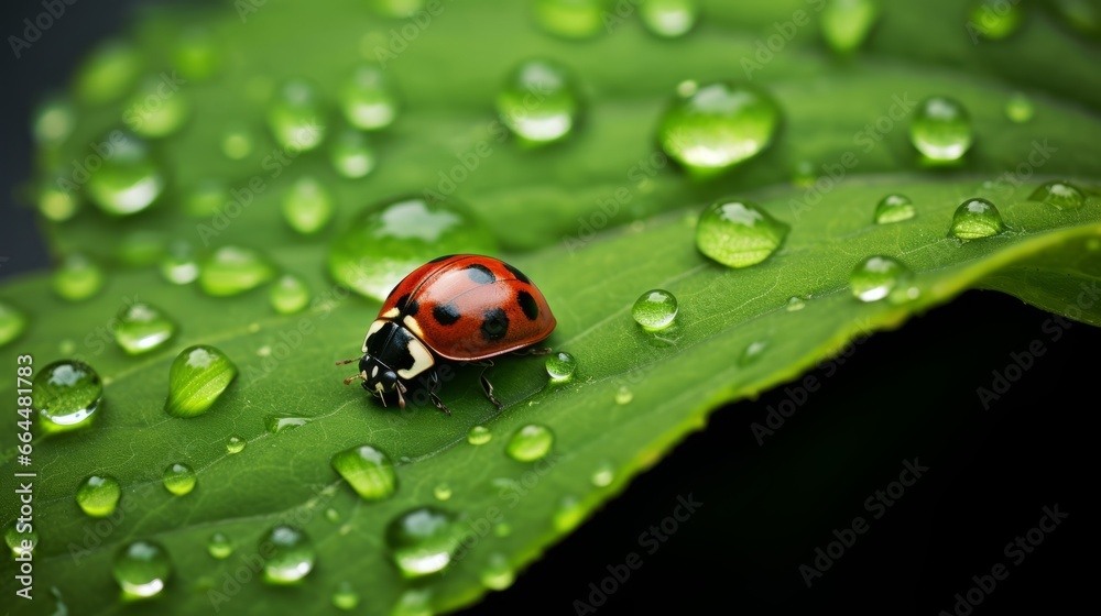 macrophotograph of a ladybug on a tree leaf with dew macrophotograph of a ladybug on a tree leaf with dew