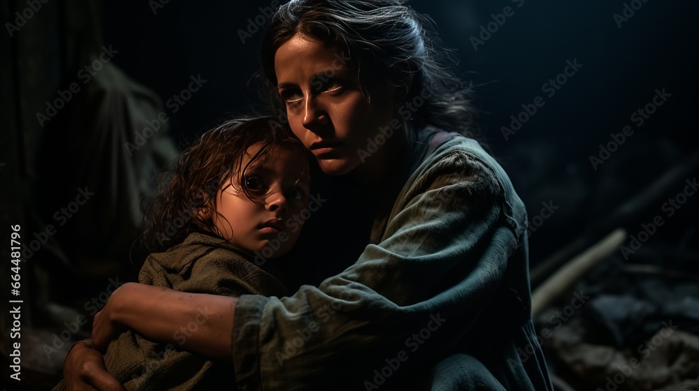 a homeless mother with her baby in her arms in a dark, dimly lit room a homeless mother with her baby in her arms in a dark, dimly lit room