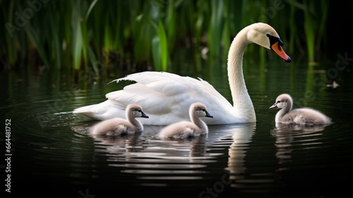 A mother swan with her chicks in a lake photo