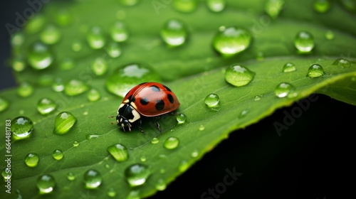 macrophotograph of a ladybug on a tree leaf with dew