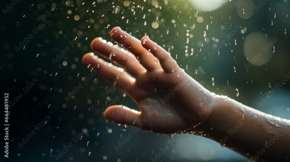 Fototapeta premium a small child's arm stretched out in the pouring rain.