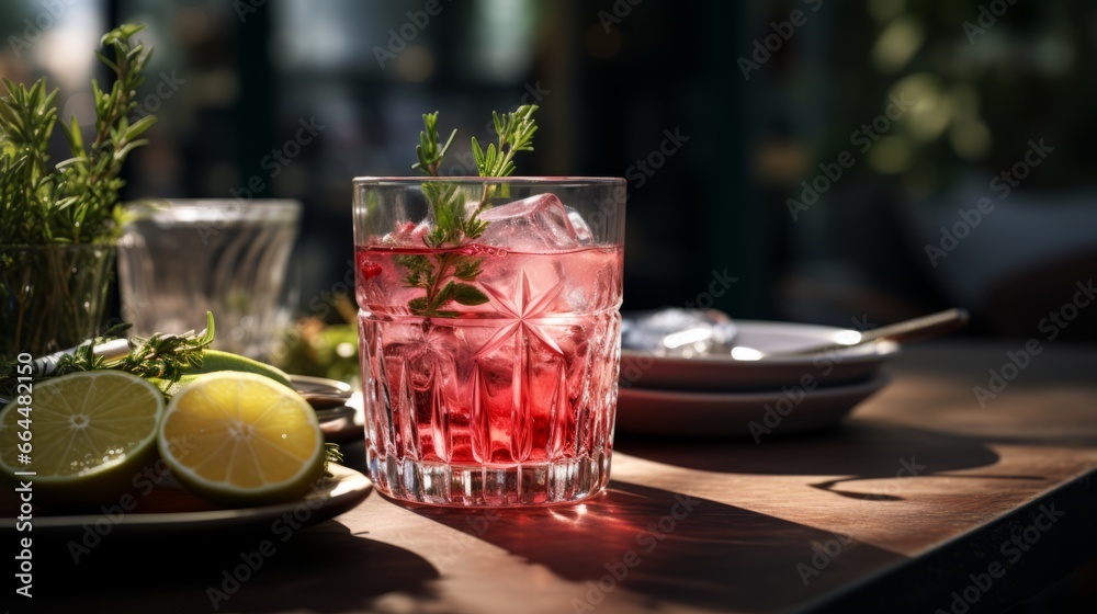 Classic gin and tonic cocktail with rosemary sprigs in tall glasses on a table with bar accessories - obrazy, fototapety, plakaty 