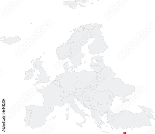 Red CMYK national map of CYPRUS inside gray blank political map of European continent on transparent background using Robinson projection
