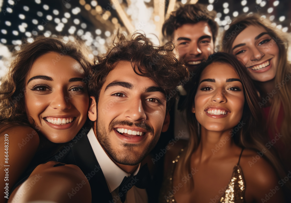 grupo multicultural de jovenes amigos de celebración vestidos de fiesta y haciéndose un selfie, sobre fondo nocturno con fuegos artificiales - obrazy, fototapety, plakaty 