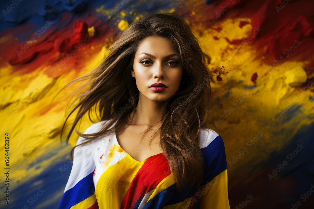 Beautiful Romanian Girl Dressed In Traditional Costume For The Independence National Day. Grungy romanian flag in the background. Ai Generated
 - obrazy, fototapety, plakaty 