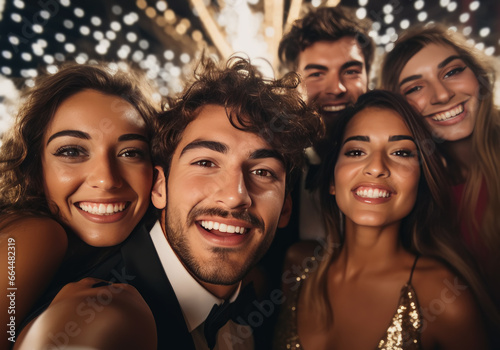 grupo multicultural de jovenes amigos de celebración vestidos de fiesta y haciéndose un selfie, sobre fondo nocturno con fuegos artificiales photo