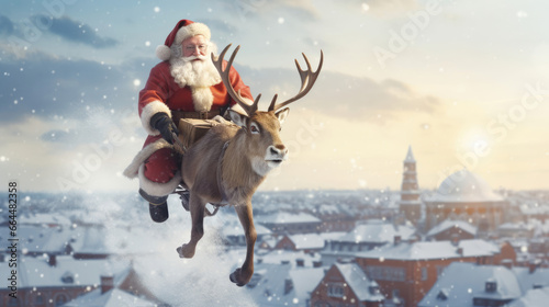 Santa Claus and his reindeer landing gracefully on a snow-covered rooftop