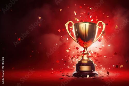 Generative AI, Winner trophy with flames, red golden champion cup with falling confetti on red background. 
