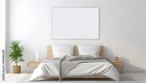 Light minimalistic white bedroom with a big empty poster over the bed