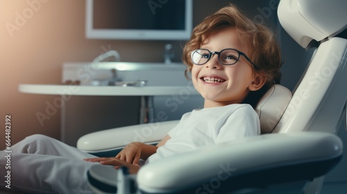 Happy child in glasses sitting in dentist's chair photo