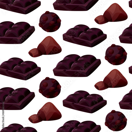 Seamless pattern with dark, white chocolate bar pieces, candy. Chunks and blocks of brown chocolate. Milk sweet dessert, cooking ingredient for confectionery shop. Vector for poster, banner, website.
