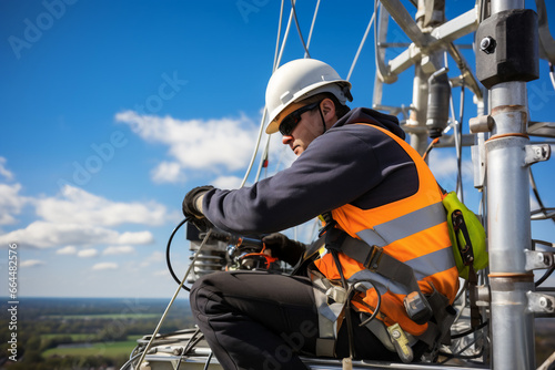 engineer wearing safety gear working at top of signal antenna.Working at height