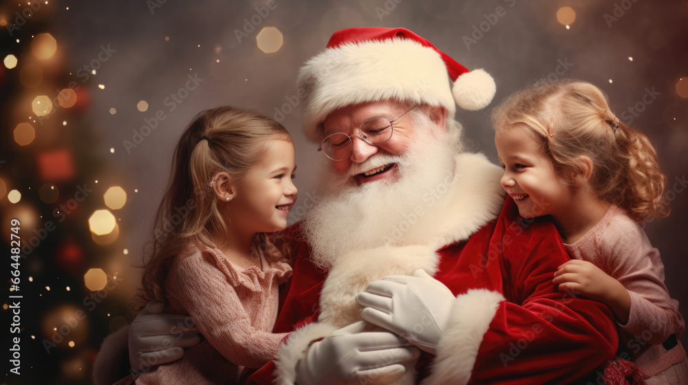 Santa Claus sharing a magical moment with children as they sit on his lap for photos Santa Claus sharing a magical moment with children as they sit on his lap for photos