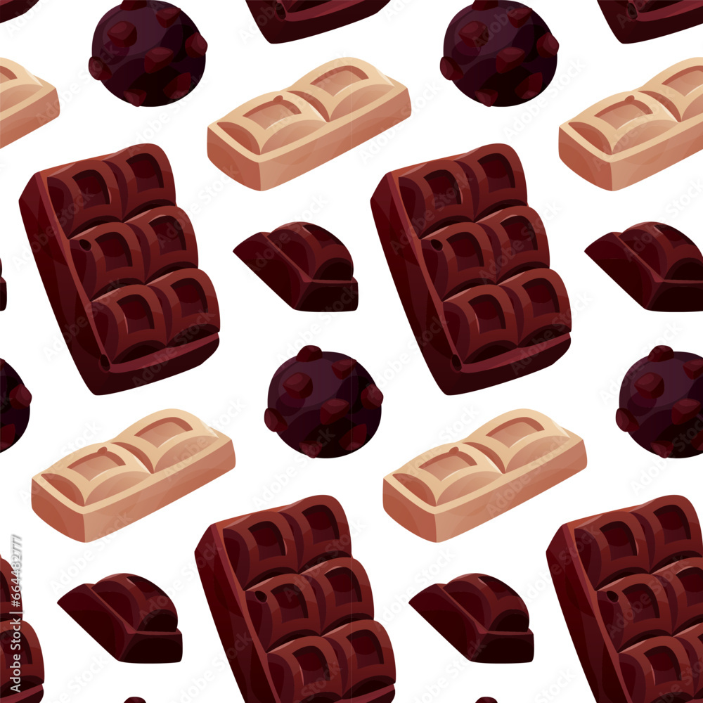 Seamless pattern with dark, white chocolate bar pieces, candy. Chunks and blocks of brown chocolate. Milk sweet dessert, cooking ingredient for confectionery shop. Vector for poster, banner, website.