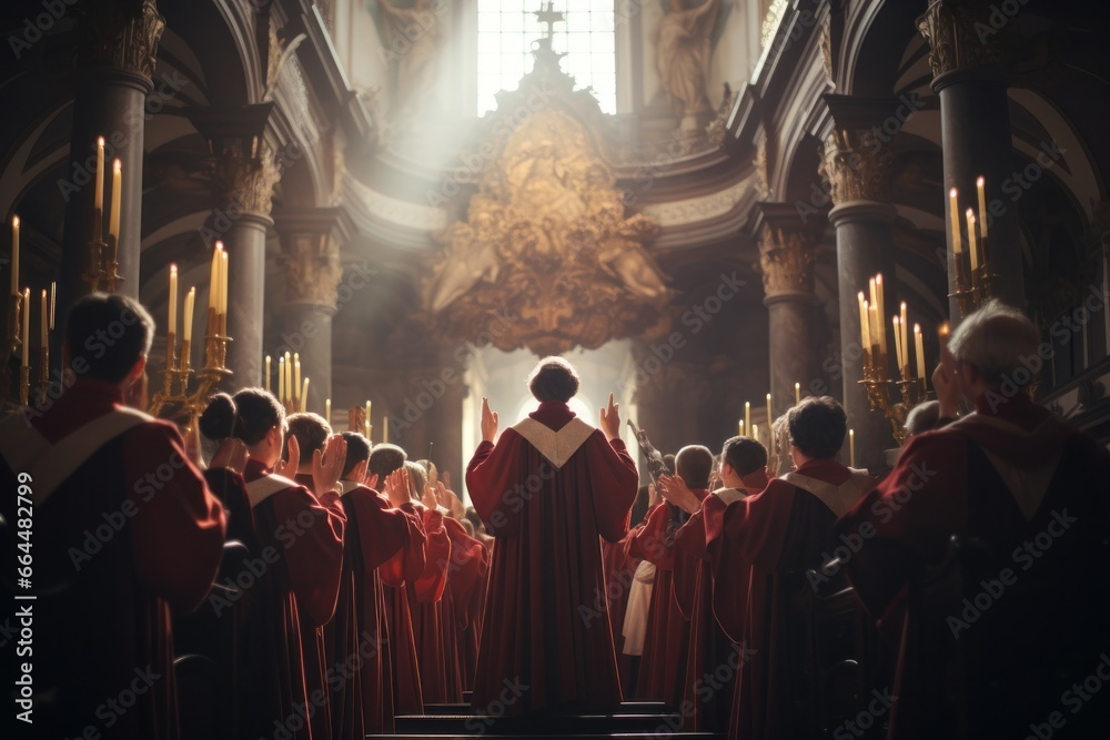 Choir singing hymns in a historical church interior.