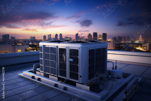 Atop a high-rise, a robust central air conditioning unit reigns, with the city's twilight skyline playing a dramatic backdrop to this cooling giant. photo