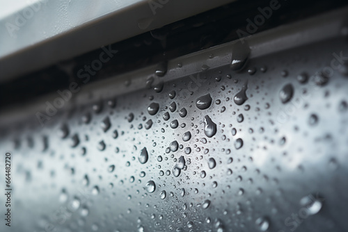 Through a magnified gaze, an air conditioner's vent glistens, adorned with dewy condensation droplets, mirroring the very soul of refrigeration. photo