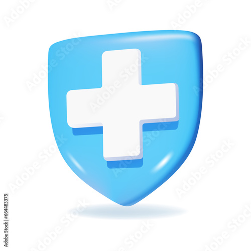 Blue shield with white cross. 3D vector icon.