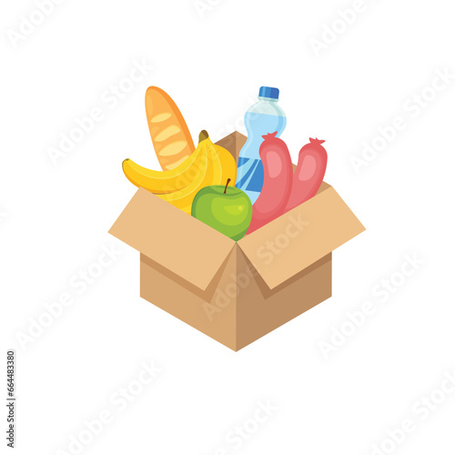 Open donation box with food. Donating for charity. Vector illustration isolated on white background.