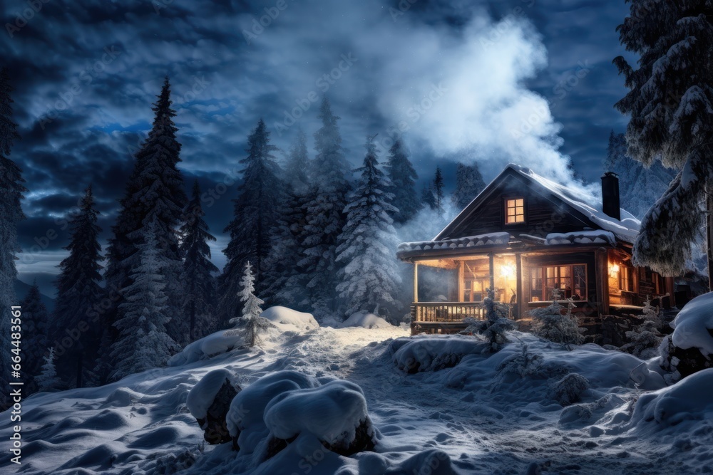 Cozy winter cabin with smoke rising from the chimney, surrounded by snow.