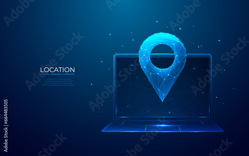 Abstrtact location pin on laptop screen. GPS concept. Low poly wireframe vector illustration in futuristic hologram style on a technology blue background. Monochrome light illustration with 3D effect