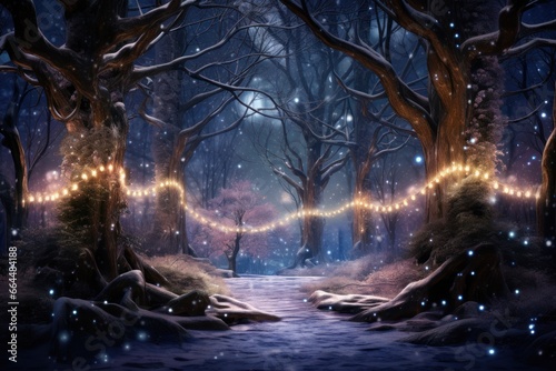 Enchanted snowy forest scene with twinkling fairy lights on trees.