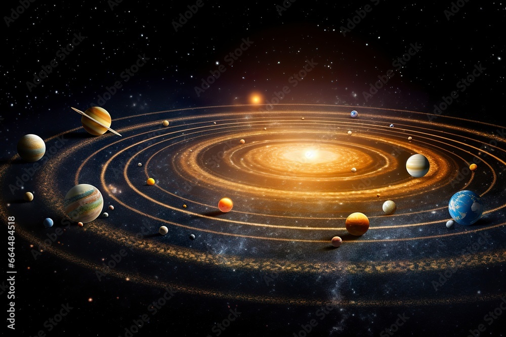 Obraz premium Our 3d Solar system with planets in orbits path.