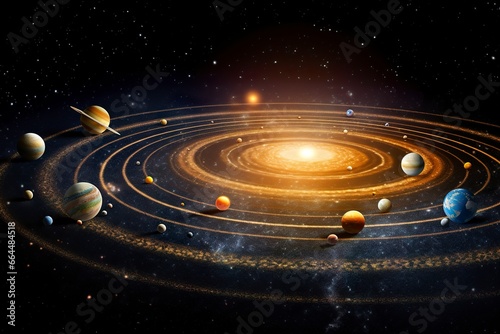 Our 3d Solar system with planets in orbits path.