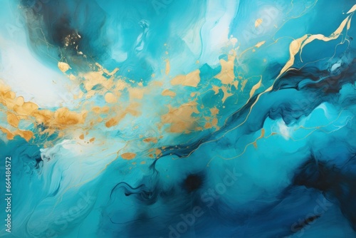 Fluid art with gold flecks floating on azure canvas.