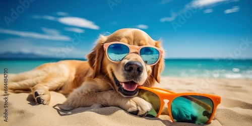 Golden Retriever dog is on summer vacation at seaside resort and relaxing rest on summer beach of Hawaii. photo