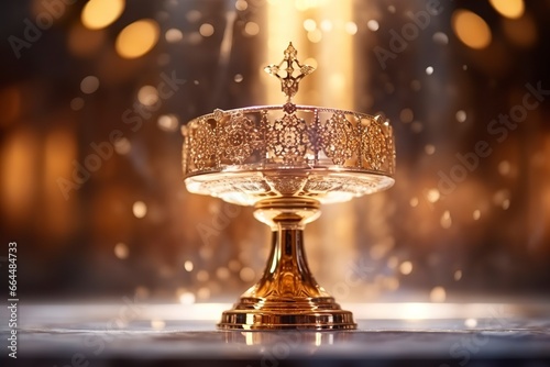 The golden monstrance with a little transparent crystal center, consecrated host. church defocused background. photo