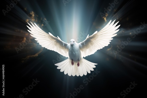 Glowing dove in flight, symbolizing the Holy Spirit, ethereal light.