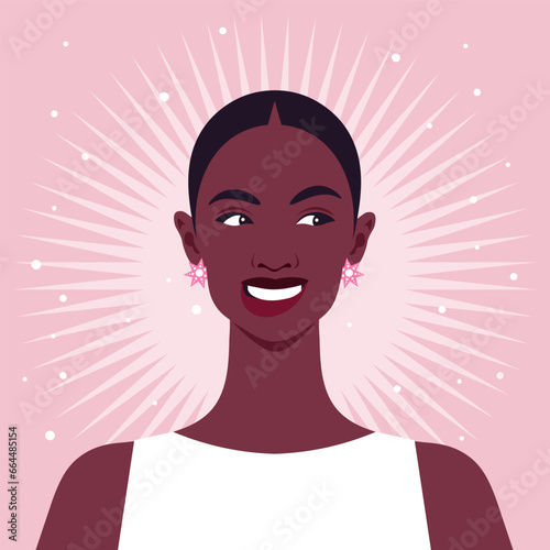 Portrait of a curious African woman. Surprised face of student. Gossip, rumors and secrets. Avatar of a naughty and playful teenager. Vector illustration