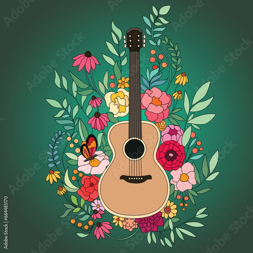guitar on a background of flowers beautiful background coloring book