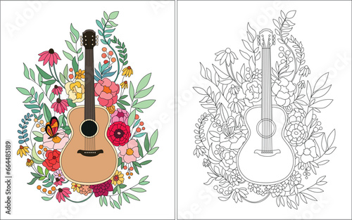 guitar on a background of flowers beautiful background coloring book